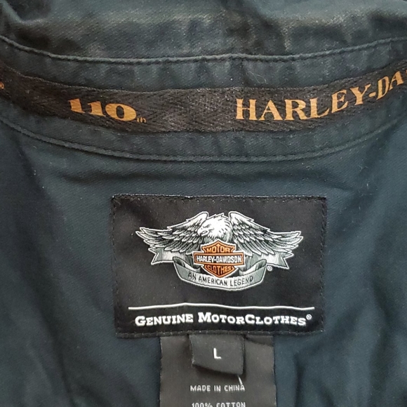 Harley Davidson buttons down black orange shirt sleeve distressed men size L - Picture 6 of 7